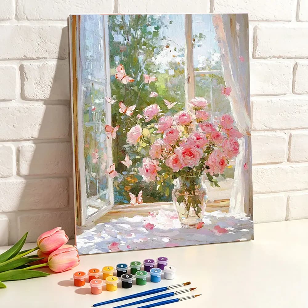 DIY Paint By Numbers Pink Roses Glass Vase Digital Flower Oil Painting Canvas Kits Arts And Crafts Wall Decoration Living Room