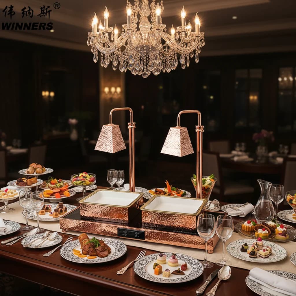 Lampada Scaldavivande per Buffet in Acciaio Inox Oro Rosa di Alta Gamma con Controllo Touch e Piastra Riscaldante Elettrica