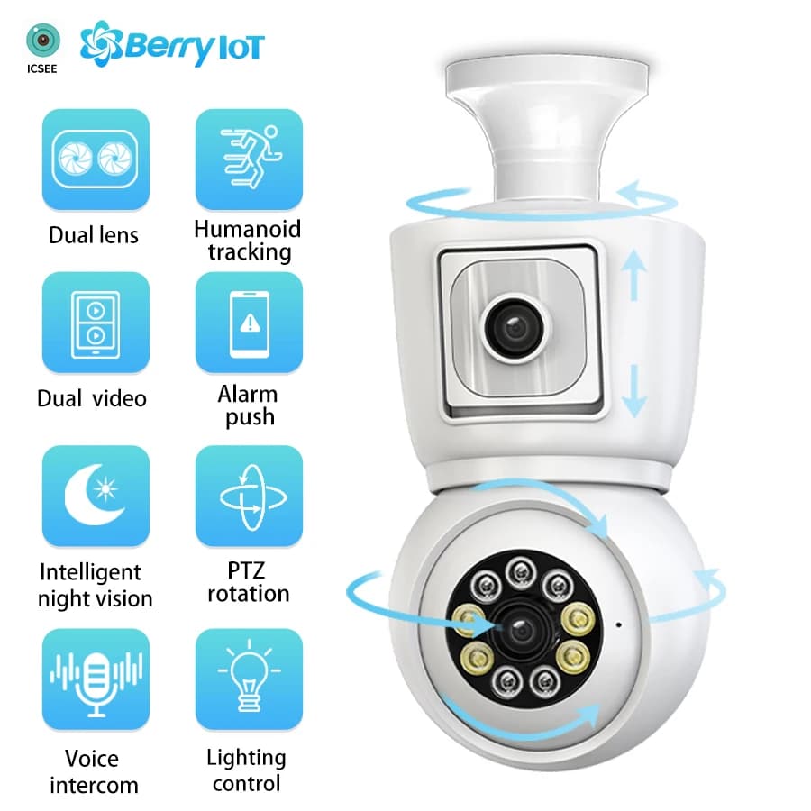 4MP Wireless Wifi E27 lampadina doppia lente telecamera protezione di sicurezza CCTV baby monitor PTZ tracciamento automatico audio bidirezionale ICSEE