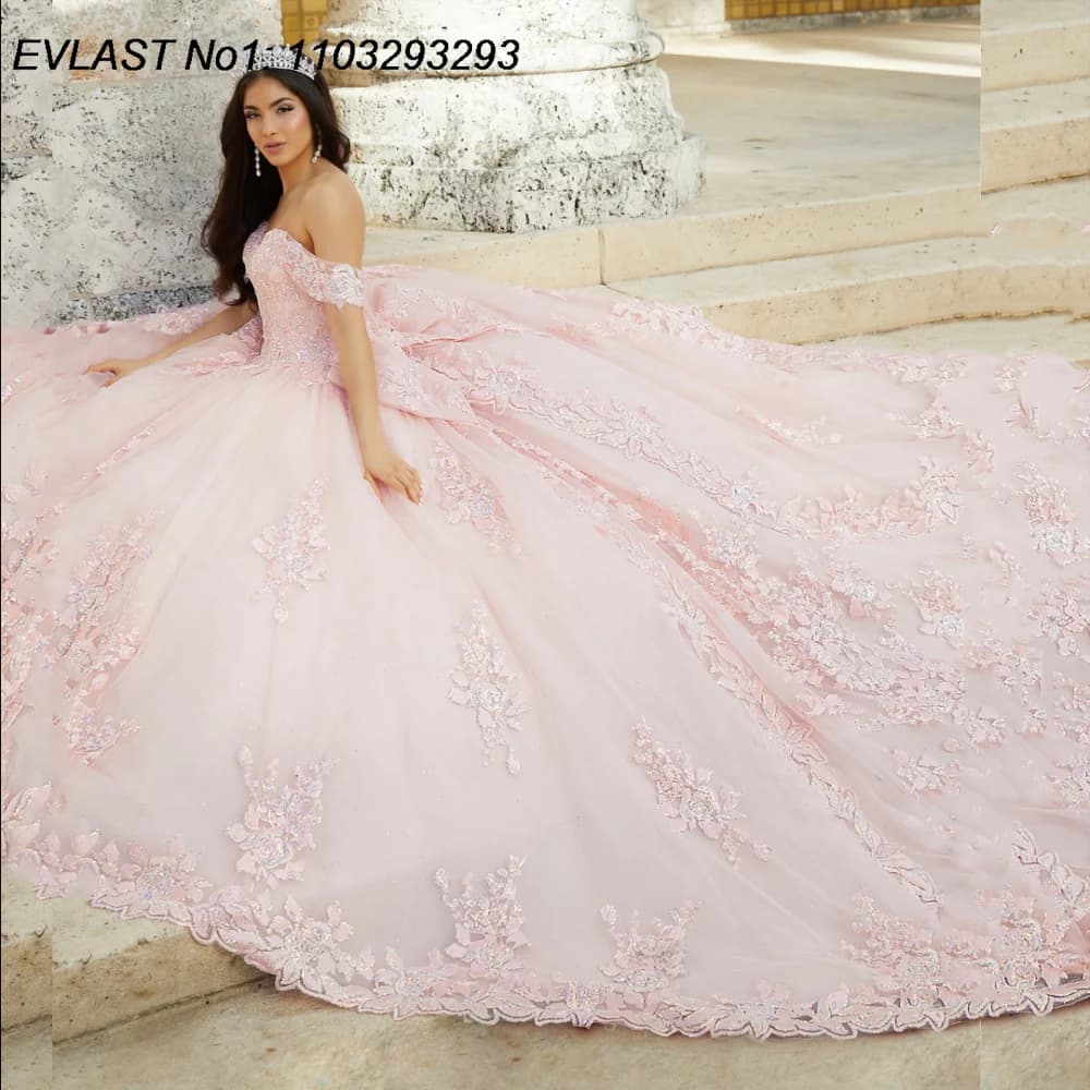 EVLAST Personalizzato Rosa Abito di Sfera Abito Quinceanera Oro Applique di Pizzo Che Borda Arco Corsetto Dolce 16 Abiti Da 15 Anos E1Q687