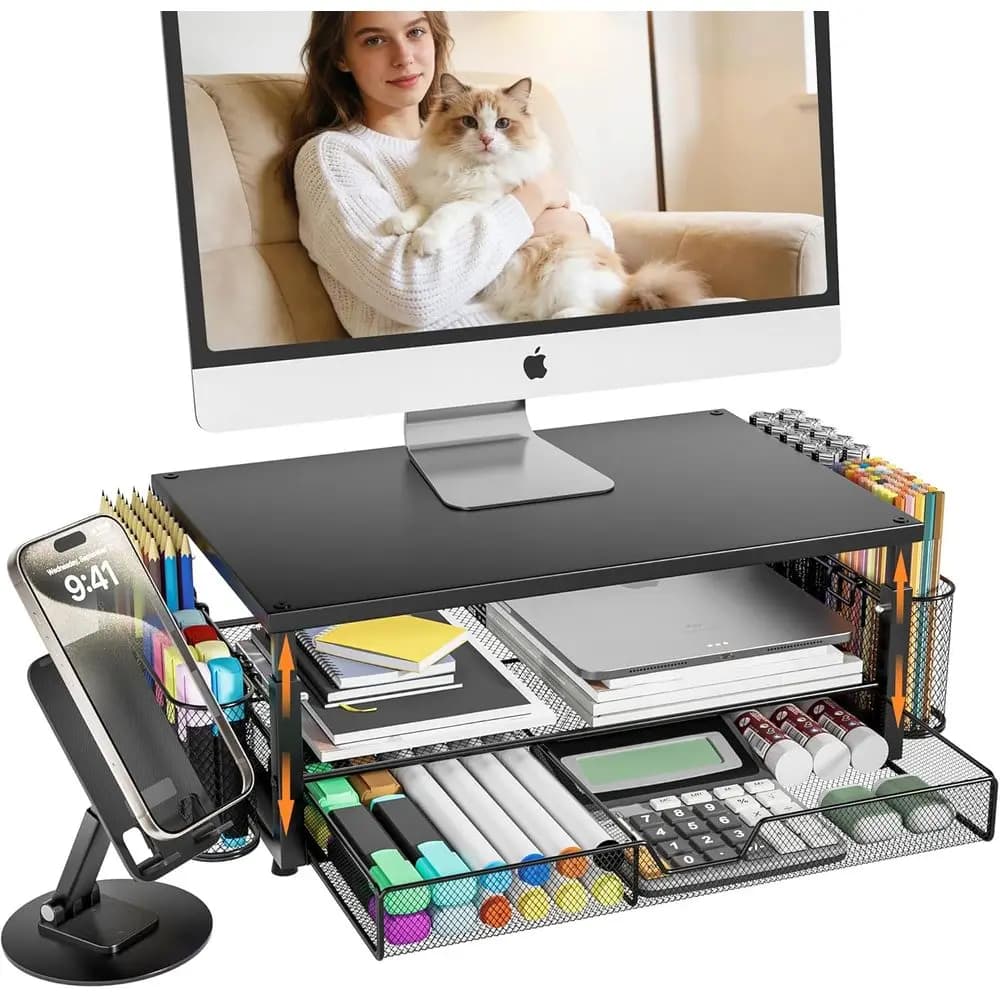 Black Height Adjustable 2-Tier Monitor Riser Stand With Drawer 2 Pen Holders Phone Holder Desktop Organizer For Office Supplies