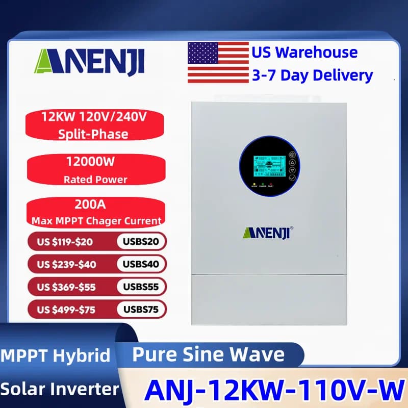 ANENJI 120V/240V 12KW Split-phase Hybrid Solar Inverter Pure Sine Wave Built-in 200a MPPT Solar Charge Controller With CT Sensor