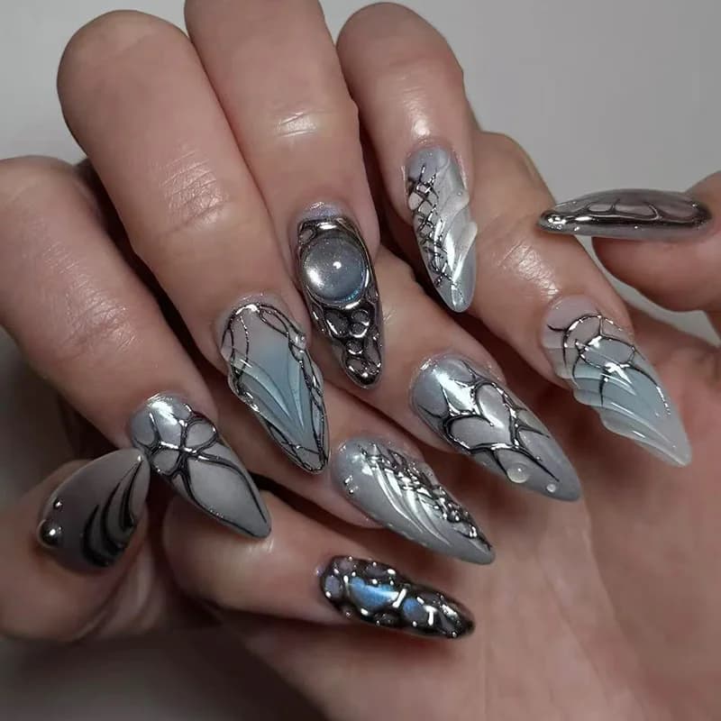 24 pieces wearable print on nails set shade blue long almond nails fake art with bow love lines design nail tips fake manicure