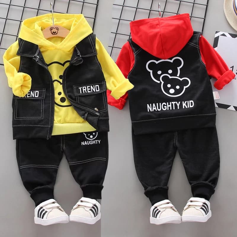‌ Simpatico orso cartone animato per ragazzi Set di abbigliamento 3 pezzi Lettera Gilet con cappuccio Jogging Abbigliamento casual Bambino 1-5 anni Primavera Autunno Autunno