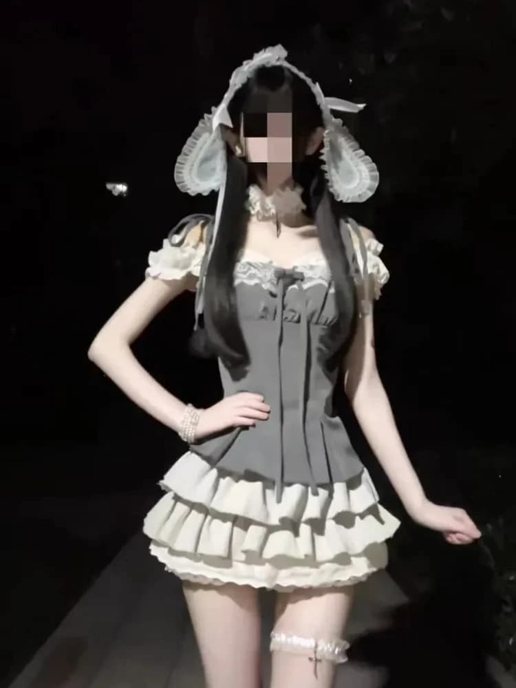 Summer New Sweet And Spicy Style Lace Splicing Strap Vest White Inner Match Grey Skirt Three-piece Set Women's Fashion