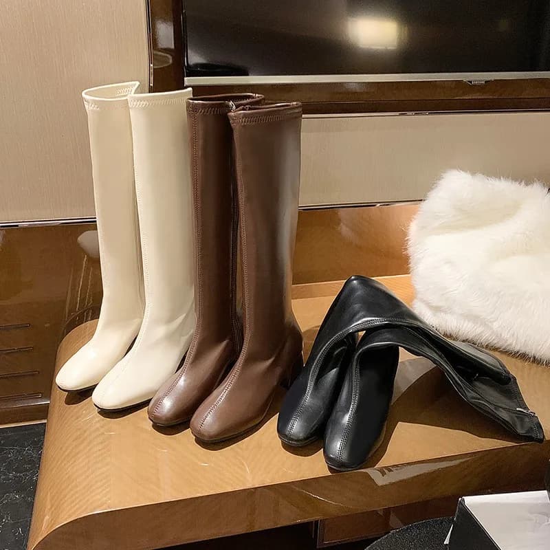 British Style Knight Boots Women's Autumn Boots Slim Square Head High Heel Thick Heel High Tube Boots Straight Tube Bo...