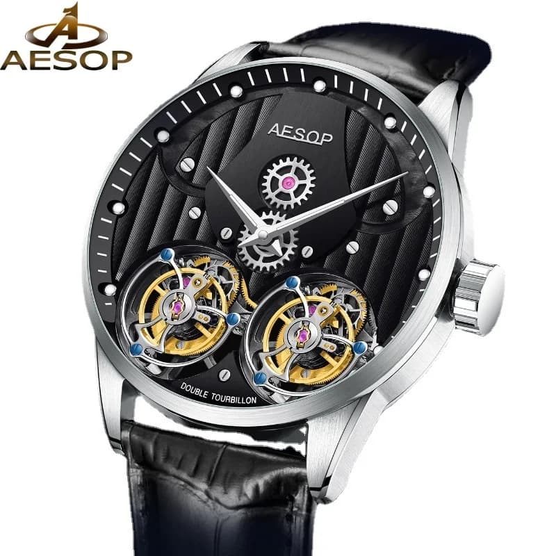 Aesop Original Men Double Skeleton Tourbillon orologio da polso Casual movimento meccanico SS316 cassa in acciaio zaffiro cristallo maschio ora