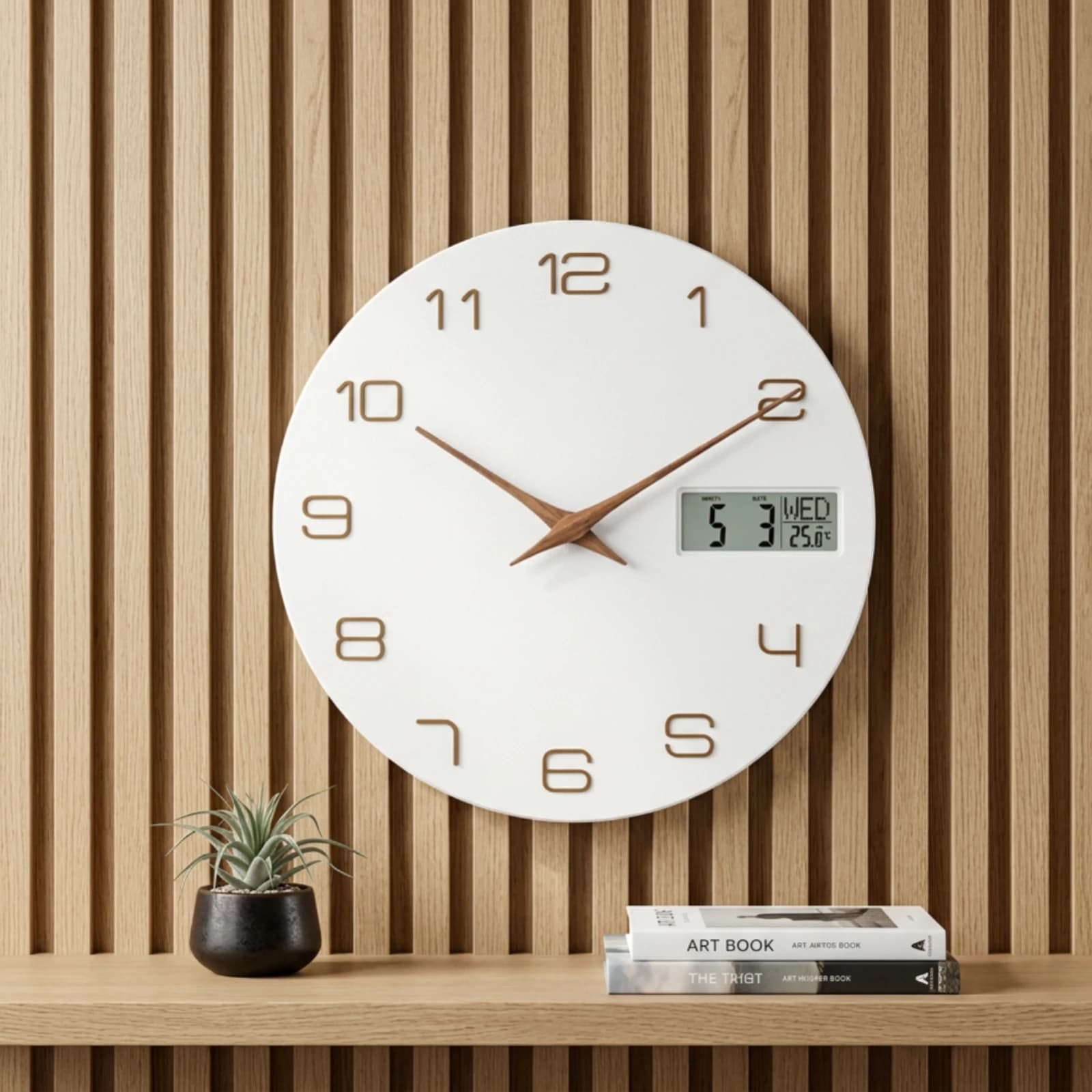 Wall Clock with LCD Display 12 Inch Wall Clock with Temperature Display 30 Cm Linen-Textured for Living Room, Bedroom