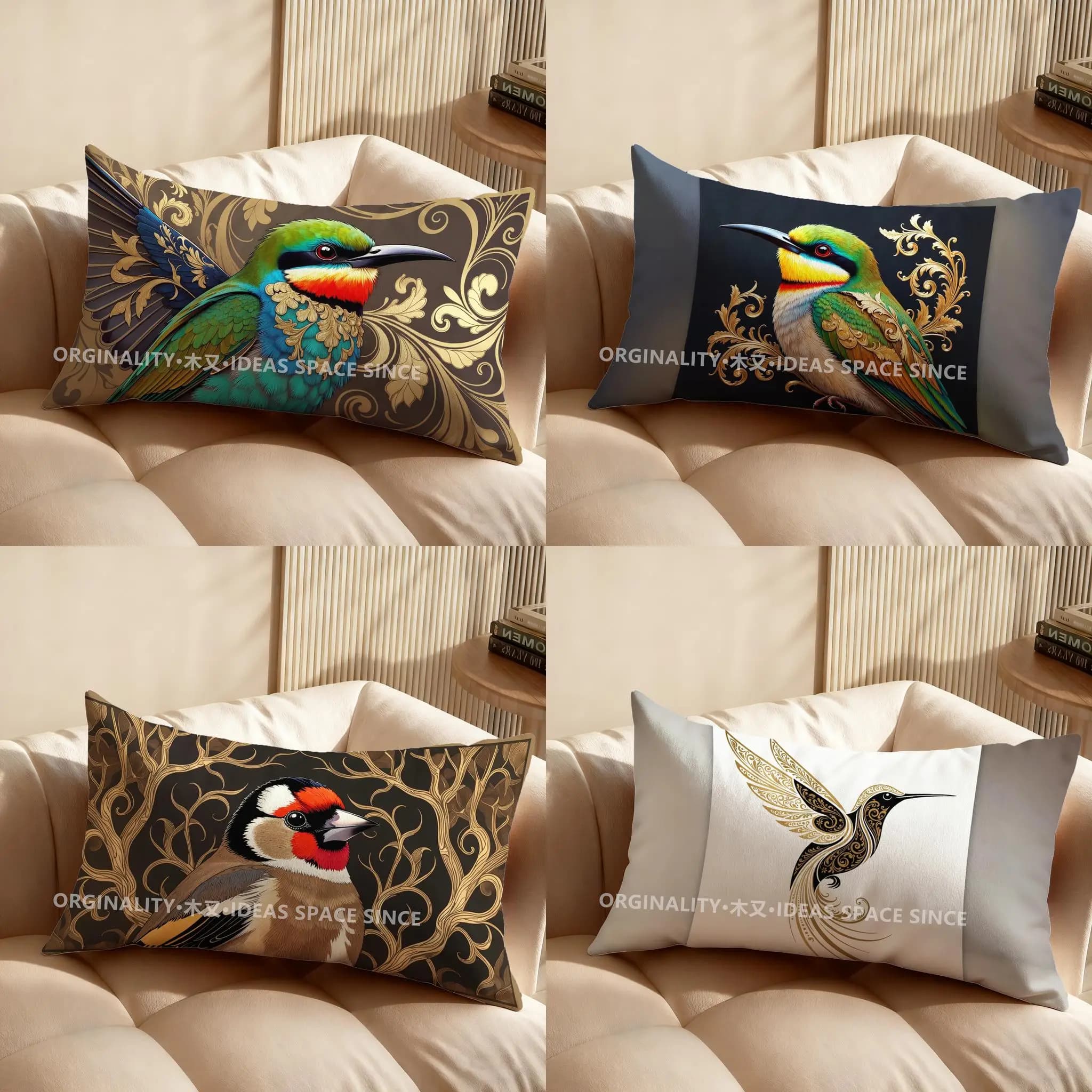 Uccello colorato 2D con design ornamentato, adatto per divano, camera da letto, auto, federa per cuscino, cuscino rettangolare per la schiena