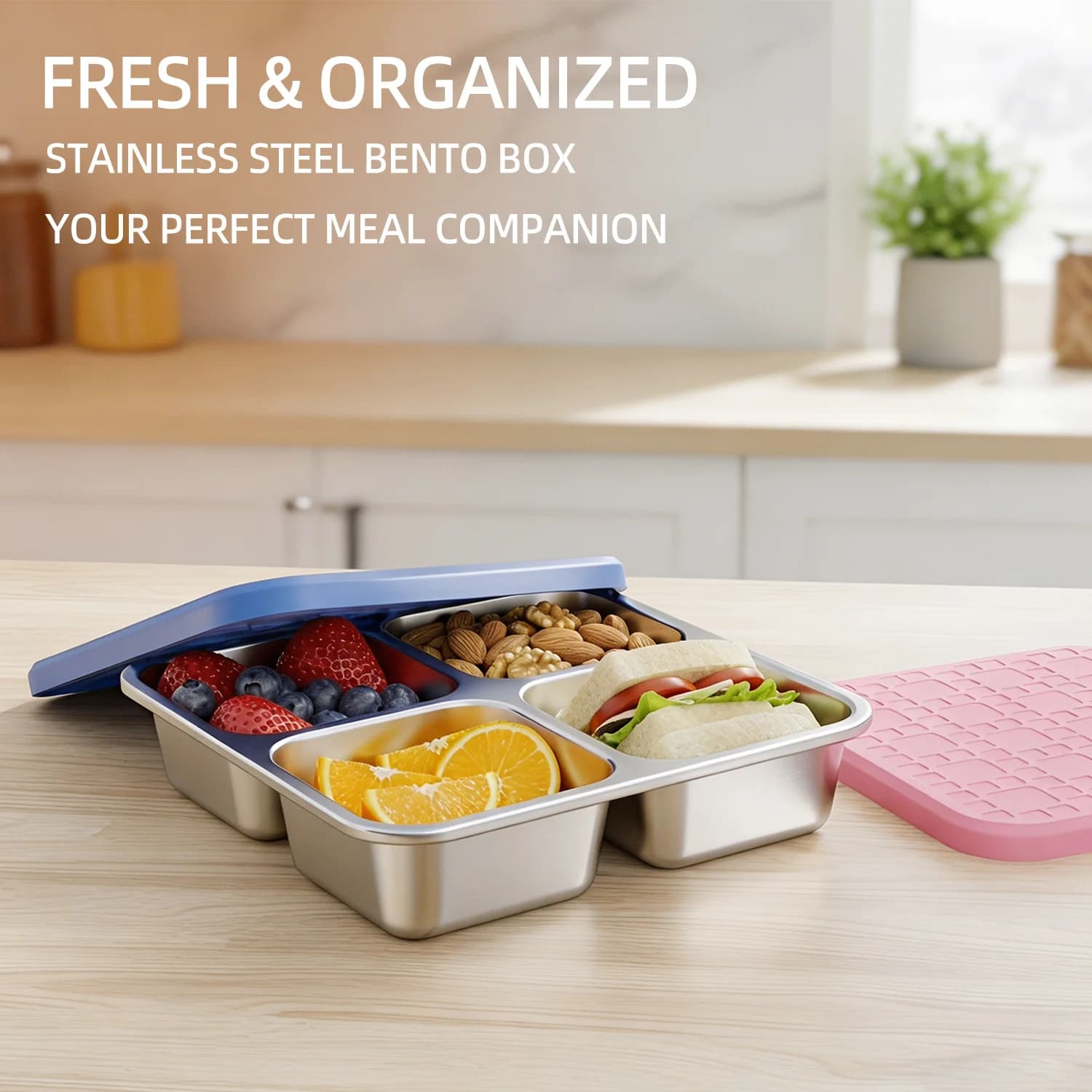 304 Stainless Steel Divided Lunch Container 4 Section with Silicone Lid Leakproof Bento Box for Meal Prep School Work