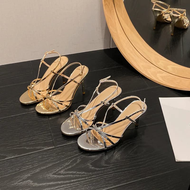 Sandali Estivi con Tacco a Spillo in Pelle Verniciata Dorata, Misura Grande, per Banchetti ed Eventi, con Cinturino Sottile, Scarpe da Donna Versatili