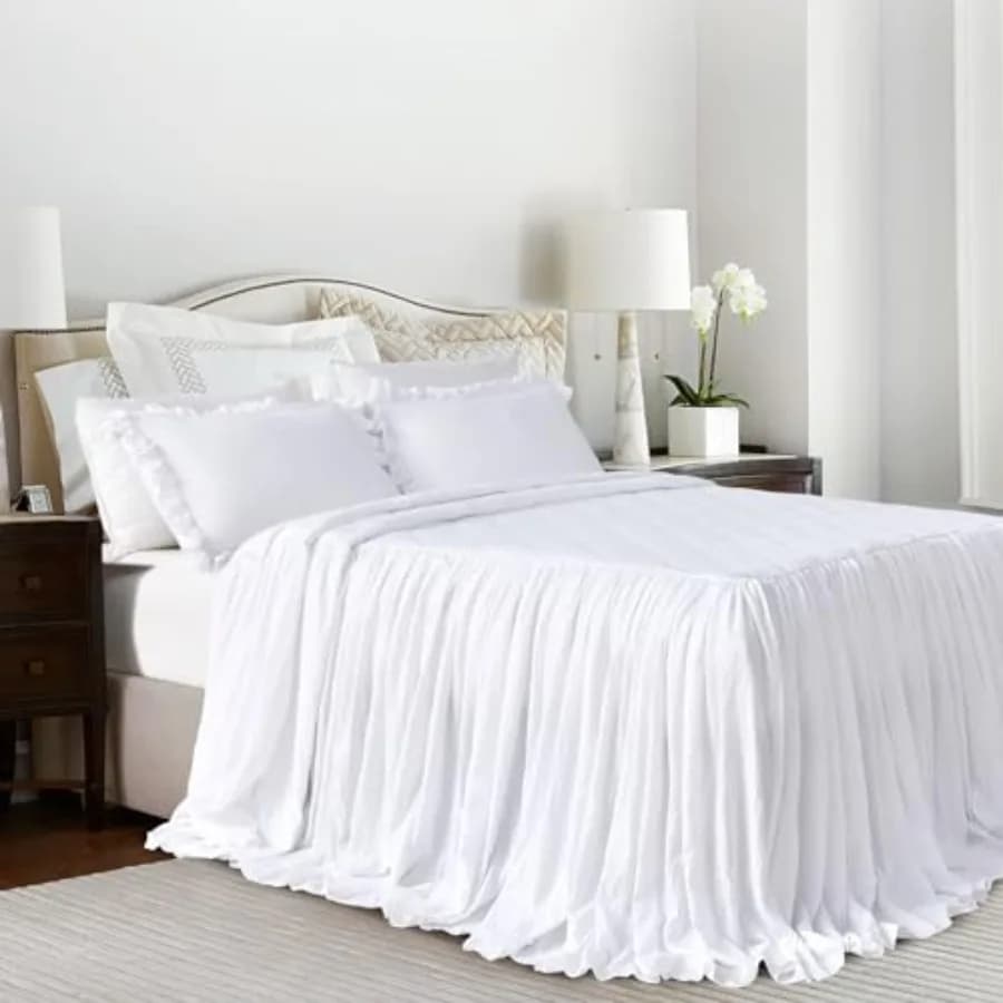 Set Copriletto 3 Pezzi Effetto Lavato Stile Shabby Chic con Volant Trapuntato Rustico per Camera da Letto