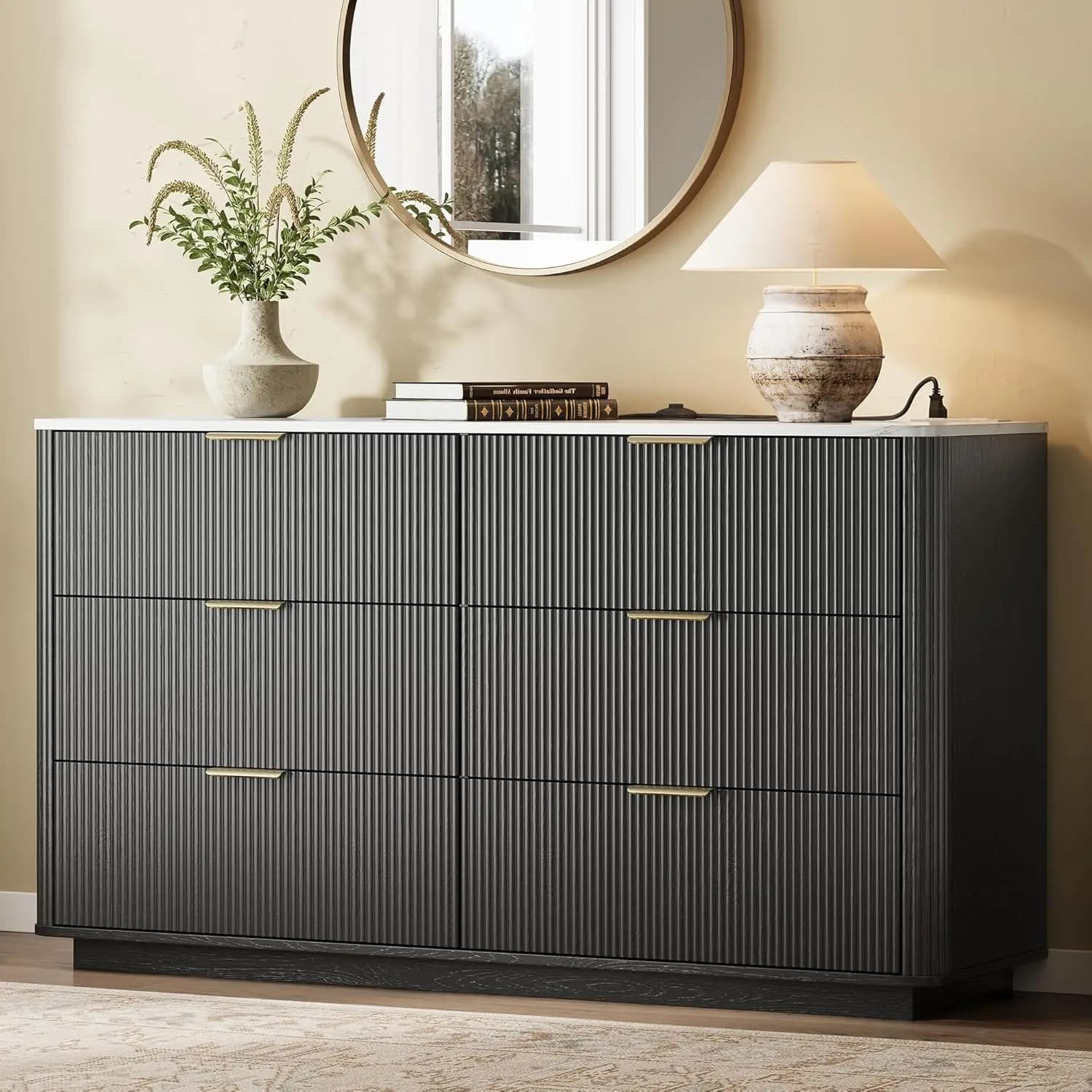 Cassettiera a 6 cassetti scanalati, moderna in legno con maniglie in metallo, mobile TV, organizer contenitore per camera da letto, soggiorno, corridoio, personalizzabile
