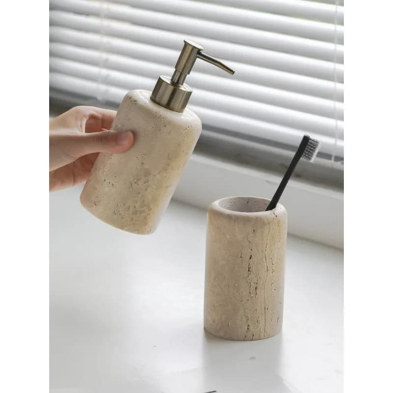 Creative Nordic Travertine Bathroom Accessory Set, Countertop Toothbrush Cup Soap Dish Lotion Dispenser for Vanity Sink