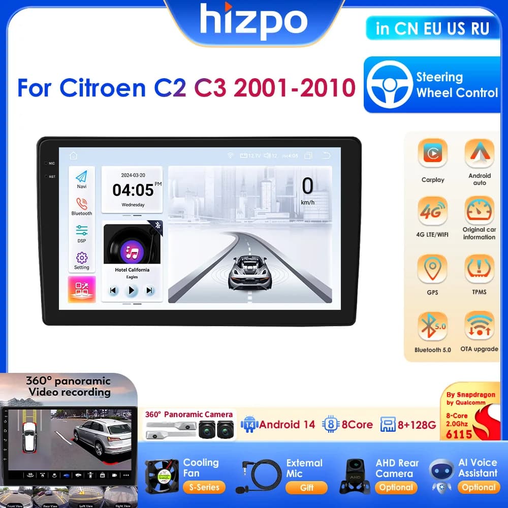 Hizpo 2din 4G Car Radio Carplay For Citroen C2 C3 2001-2010 Stereo GPS Android Auto Multimedia Video Player RDS DSP AI 360camera
