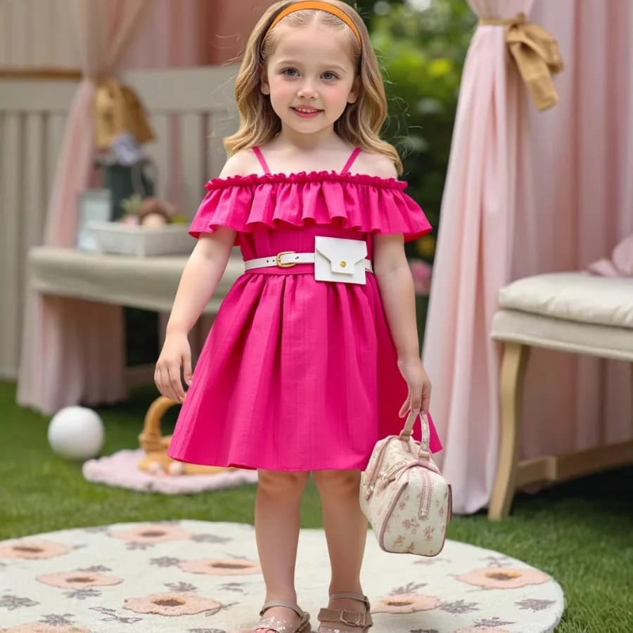 【Nuovo stile】Abito estivo da ragazza, rosso rete, con spalline, abito da principessa in pizzo, stile occidentale per bambini grandi, monospalla, stile occidentale