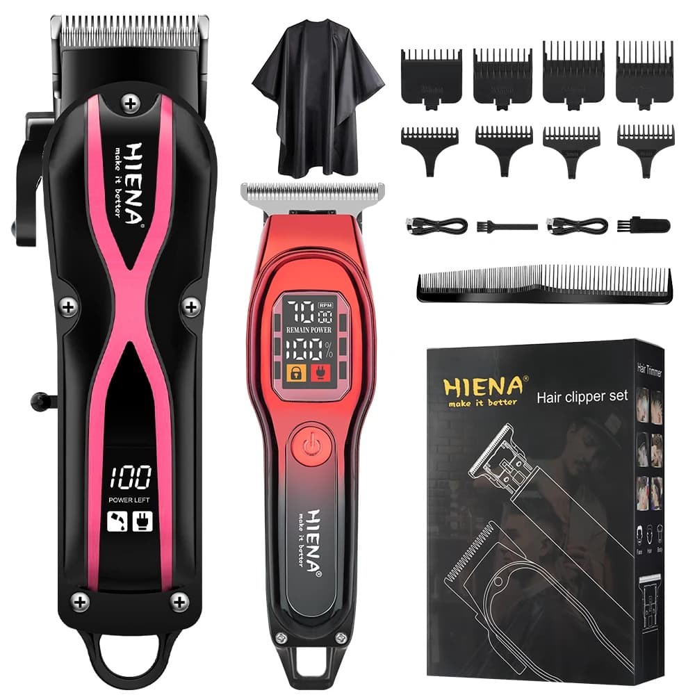 Set Professionale HIENA di Tagliacapelli e Regolabarba Senza Fili, Display LCD, Ricaricabile USB, Kit da Barbiere con Pettini Guida per Uomo