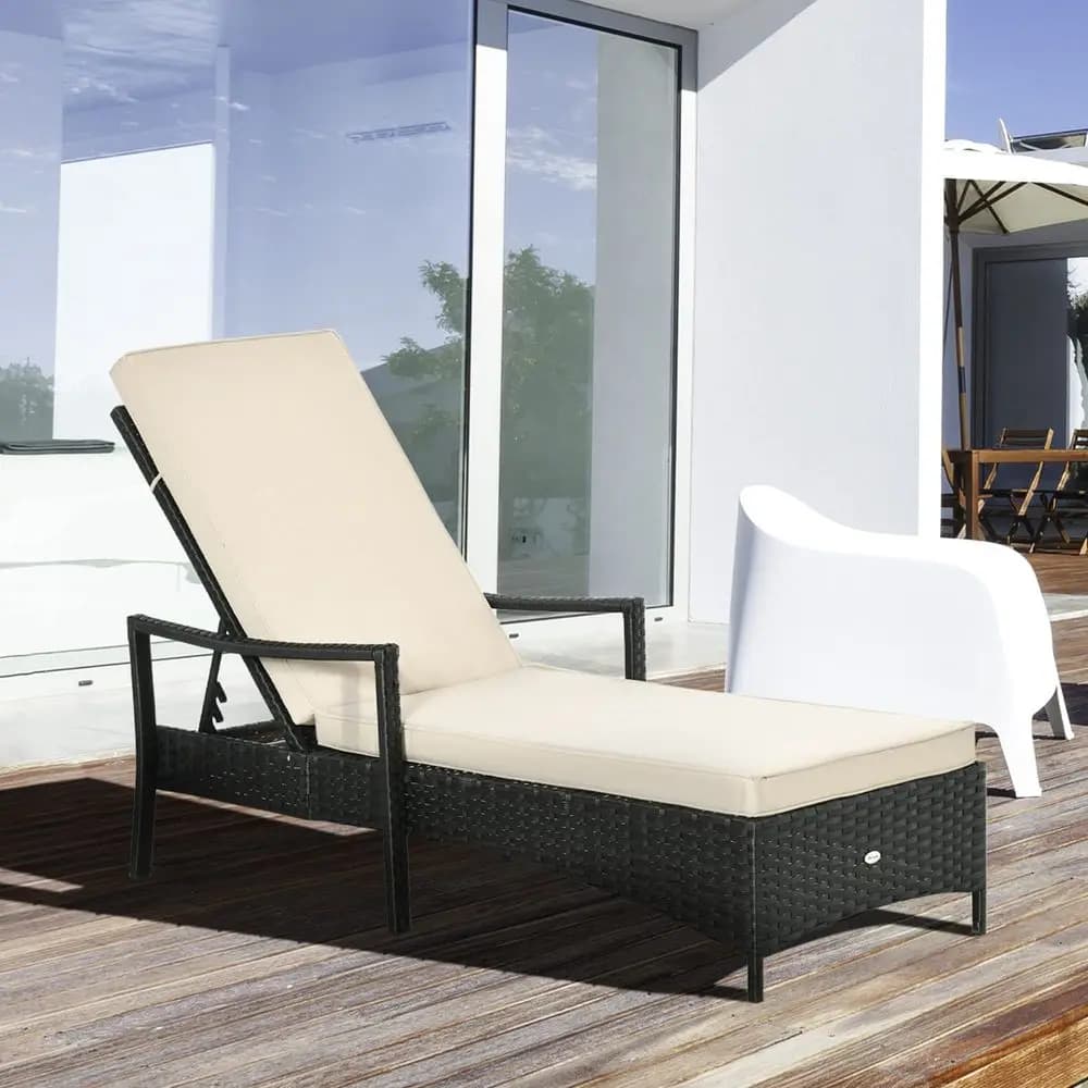 Chaise longue in wicker, adjustable backrest in 4 positions and cushions, outdoor rattan PE chair for poolside, balcony