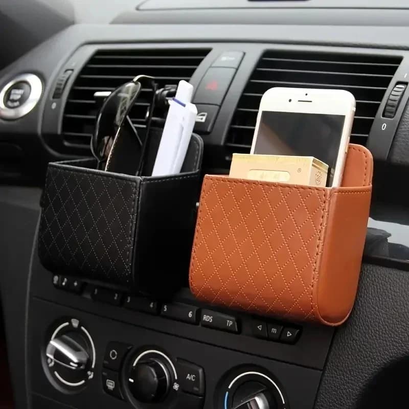 Accessorio Auto: Borsa Portaoggetti in Pelle Anti-attrito per Auto, Scatola Organizer da Appendere per Bocchetta dell'Aria, Grande Capacità