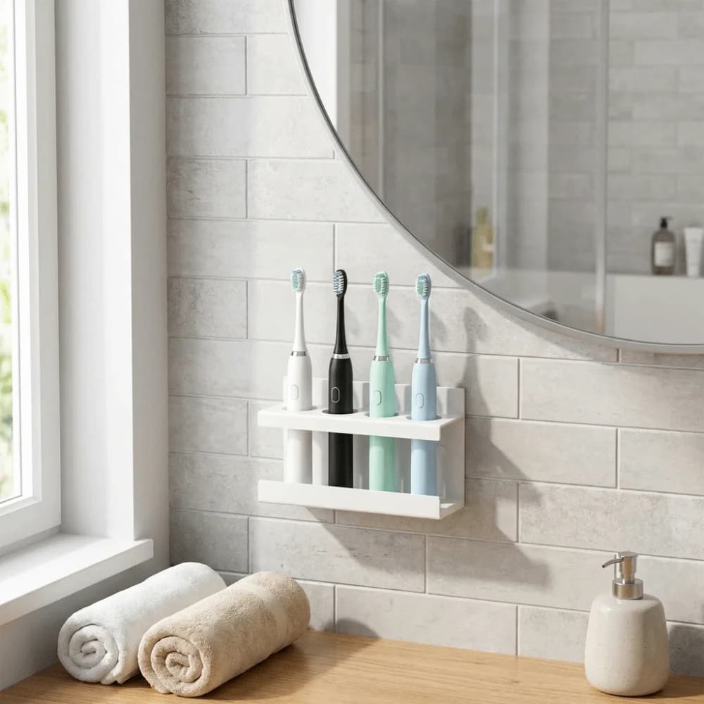 Portaspazzolini in Plastica a 4 Scomparti da Parete, Salvaspazio, con Base in Diatomite, Supporto per Spazzolino Elettrico, per Doccia