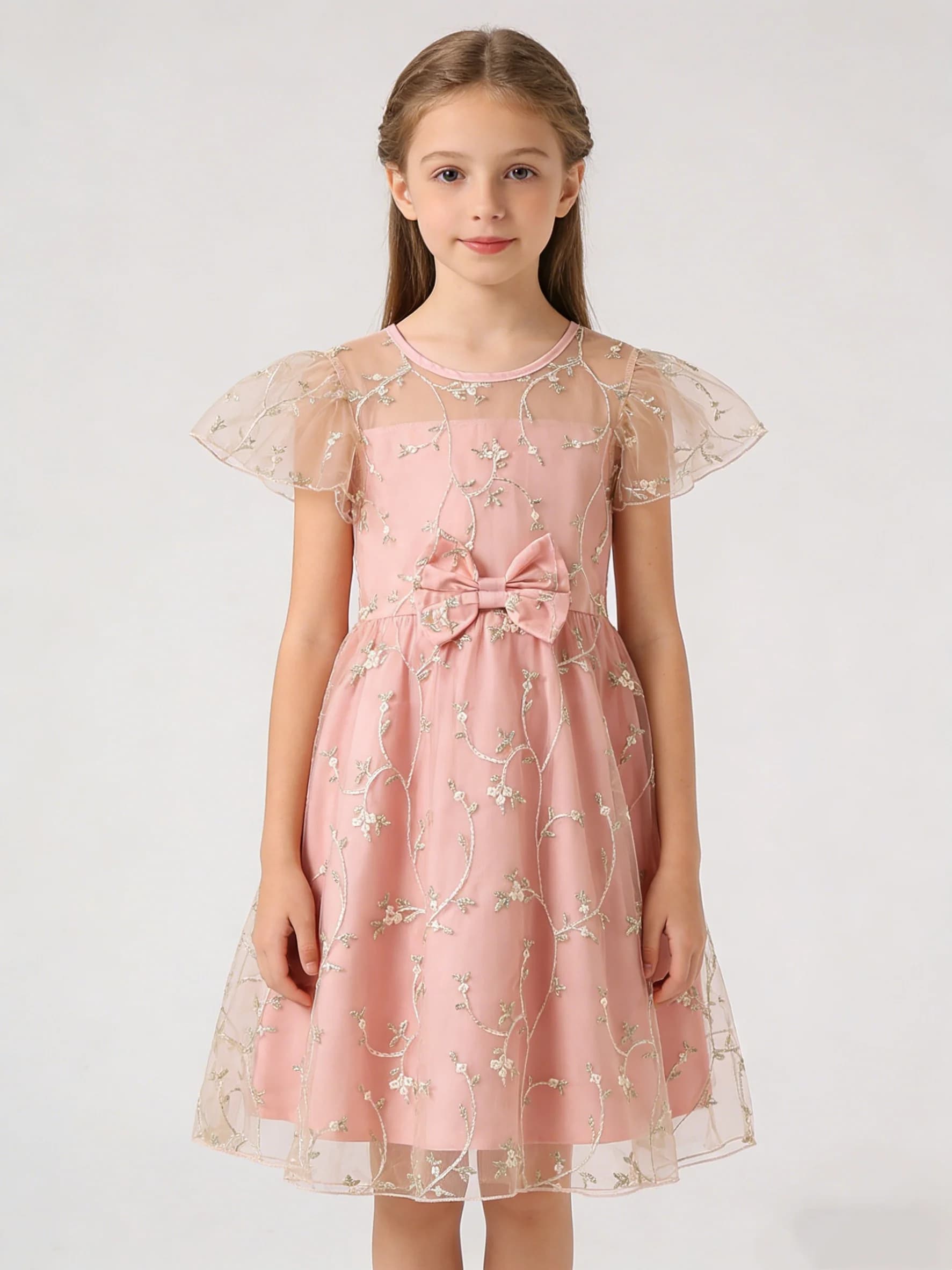 Fashionable Summer Girl Sweet And Lovely Fairy Style Flying Sleeve Round Neck Flower Embroidery Mesh Dress