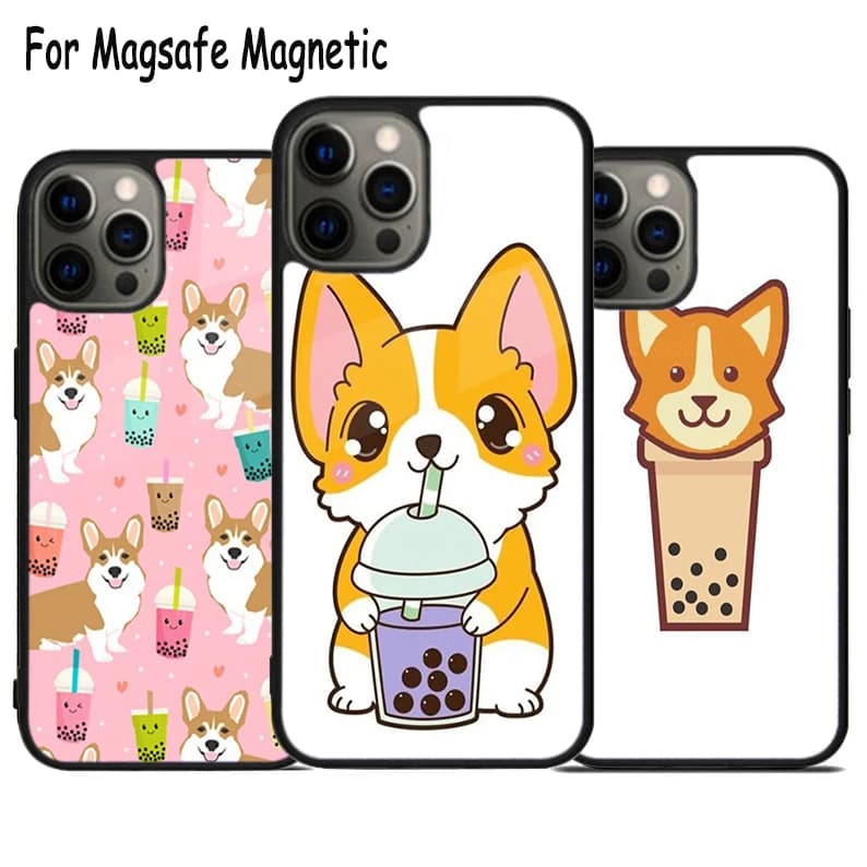 Cover per telefono con ricarica wireless Corgi e Bubble Tea per iPhone 17 Air 15 16 16e 14 13 11 12 Pro Max Plus, Cover Magnetica Magsafe