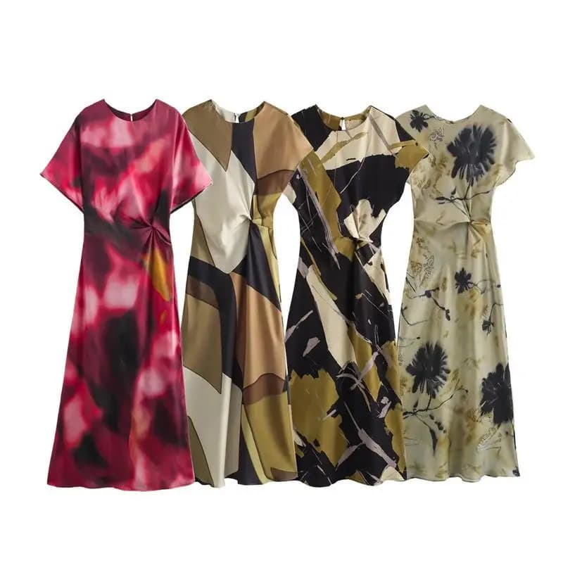 Abito Midi da Donna in Seta Satinata Stampata con Motivo Floreale, Gonna a Trapezio in Tessuto Gauze Ciwalk, Collo Rotondo, Estivo