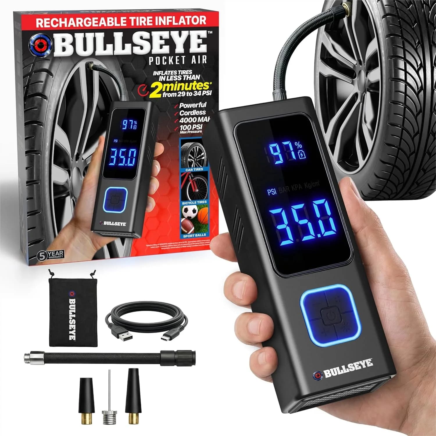 Compressore d'aria portatile POCKET AIR per pneumatici auto, palloni e biciclette, spegnimento automatico, ricaricabile senza fili 4000mAh, 100