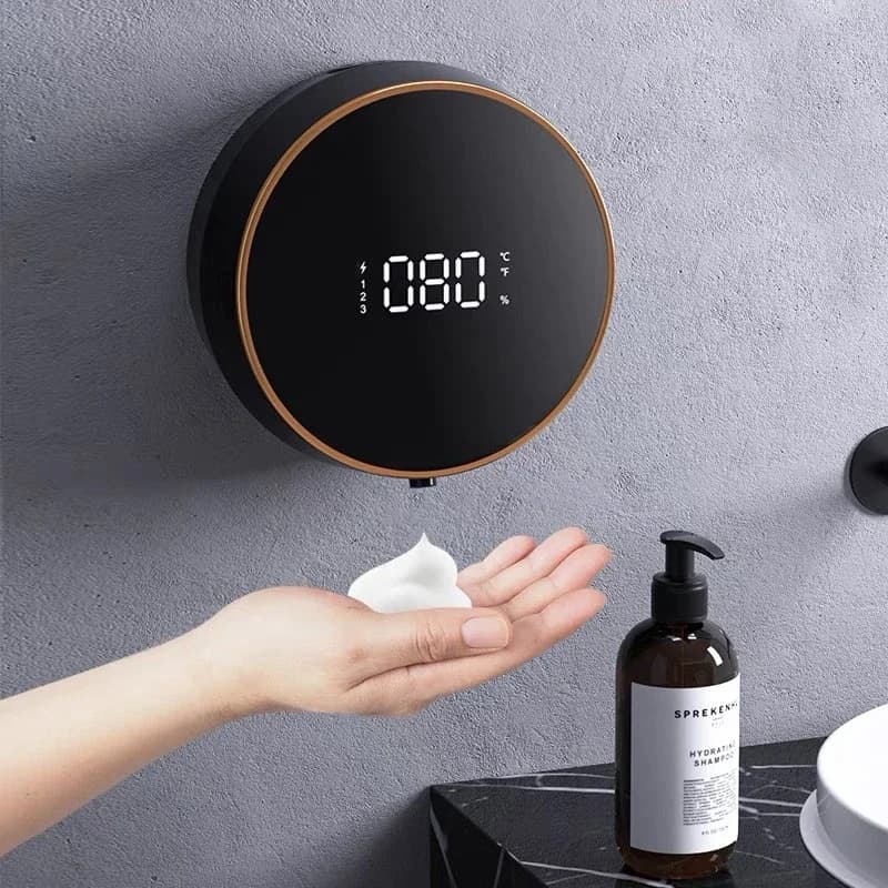 Dispenser automatico di sapone touchless: lavaggio a mano in schiuma montato a parete con display della temperatura a LED e sensore a infrarossi, ricaricabile tramite USB