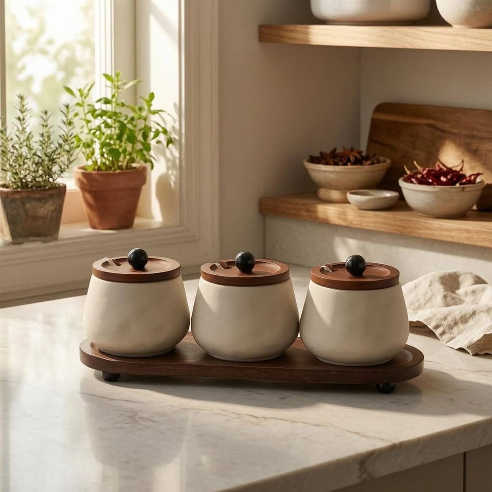 Three Piece Ceramic Condiment Pot Set with Wooden Tray Short Feet with Spoons Tableware Storage for Family Meal Prep Kitchen Use