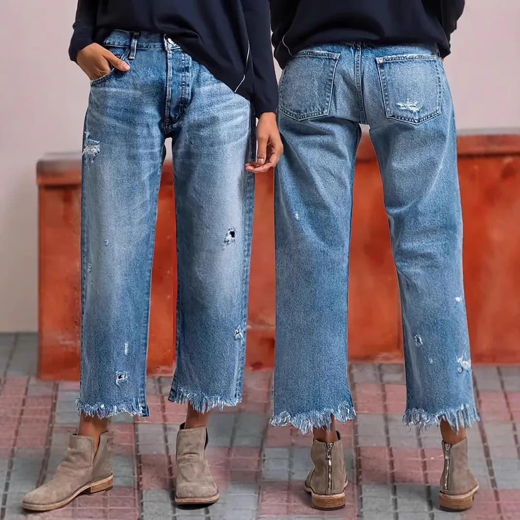 2026 New Fashion Women's Navy Slim Straight Casual Trendy Daily Simple Hole Patched Denim Trousers Female Jeans Pants Clothes