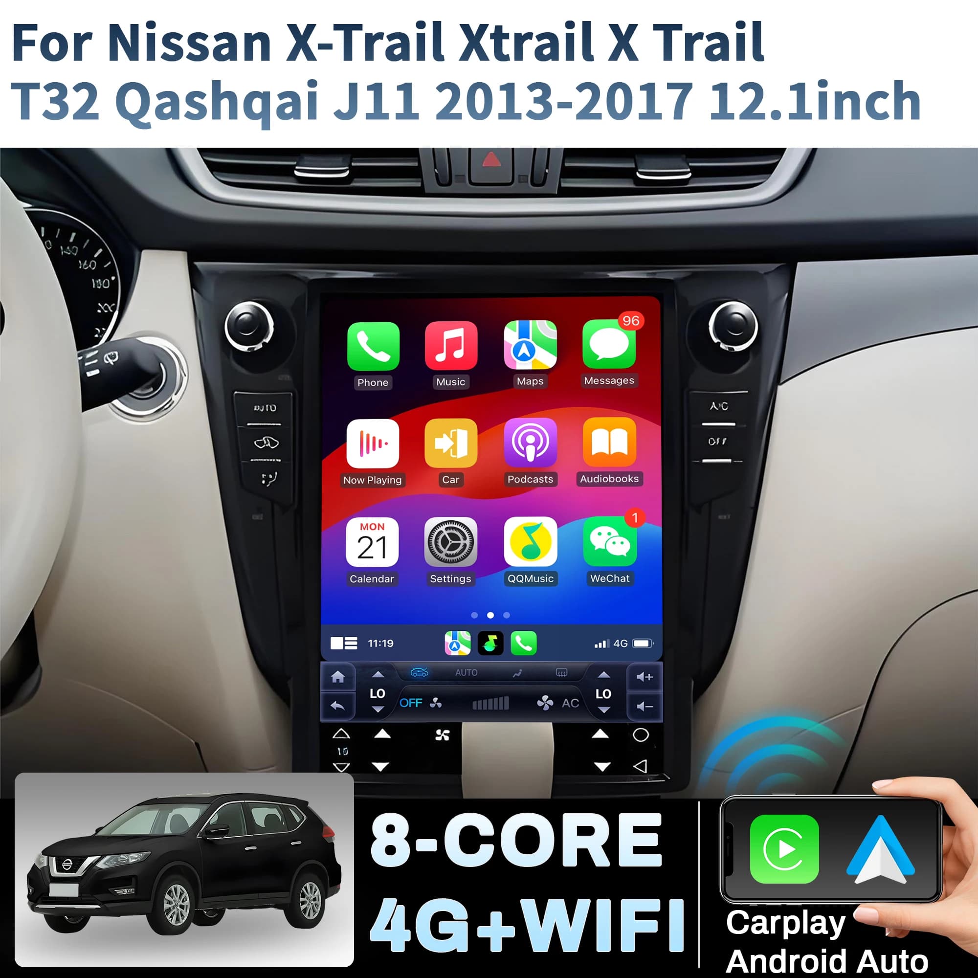 12.1 pollici Android 14 Autoradio Per Nissan X-Trail Xtrail X Trail T32 Qashqai J11 2013-2017 Senza Fili BT CarPlay unità principale schermo