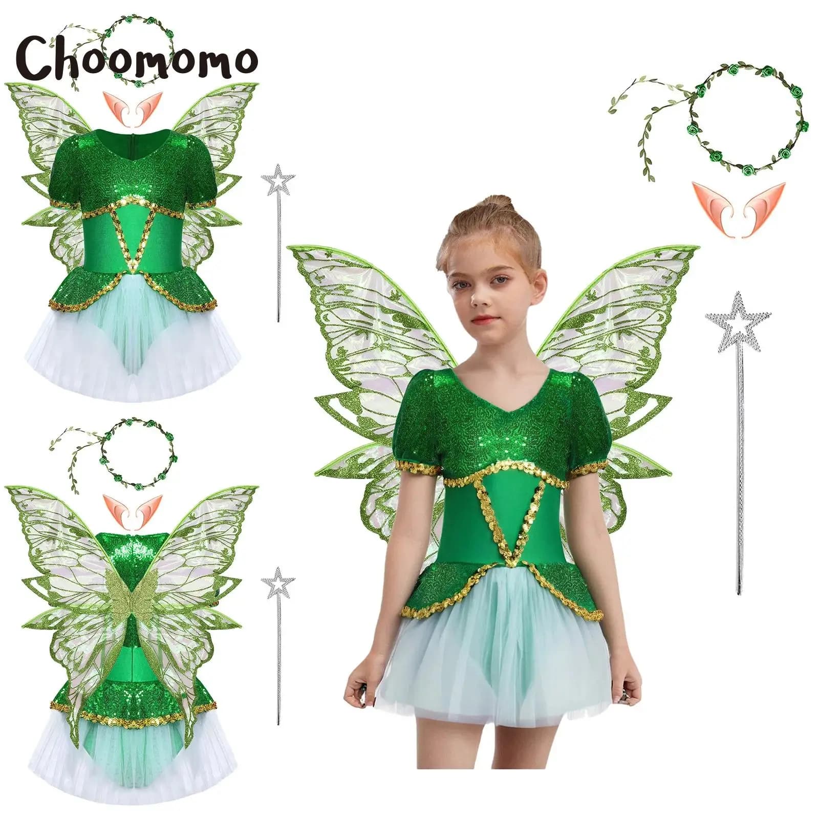 Costume cosplay da elfo fiaba di Halloween Abito con paillettes verdi per ragazze Tutu in rete Abito da ballo per balletto Vestito da festa con set di ali