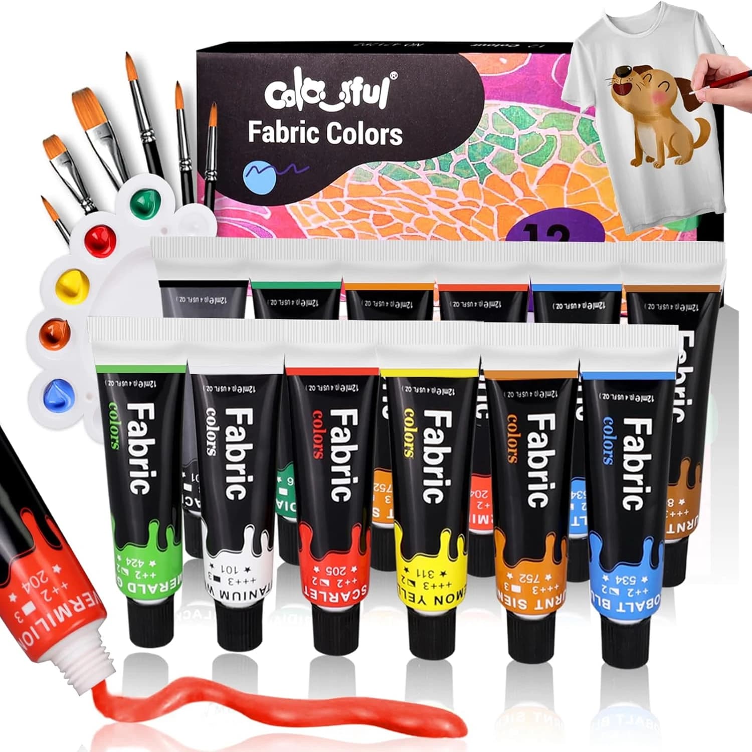 Colorful Fabric Paint Set for Clothes 12/24 Colors 12ml-Permanent Textile Paint Kit for Shoes, Canvas-Slick Painting Set