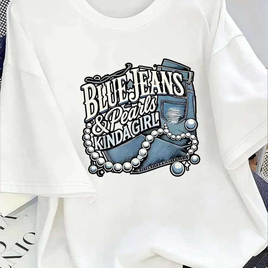 T-shirt Casual da Donna con Stampa di Perle Ispirata al Denim - Girocollo a Maniche Corte