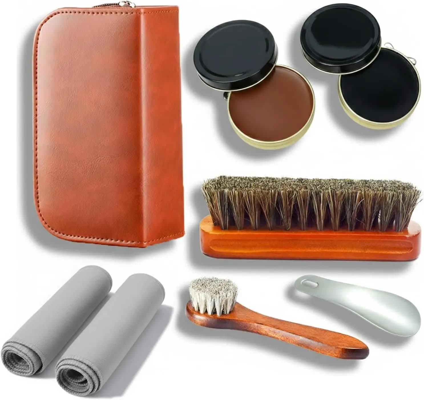 Kit per la cura delle scarpe: spazzola in crine di cavallo, spazzola rotonda a manico lungo, lucidante bianco e nero, panno per lucidare, calzascarpe, scatola portaoggetti.