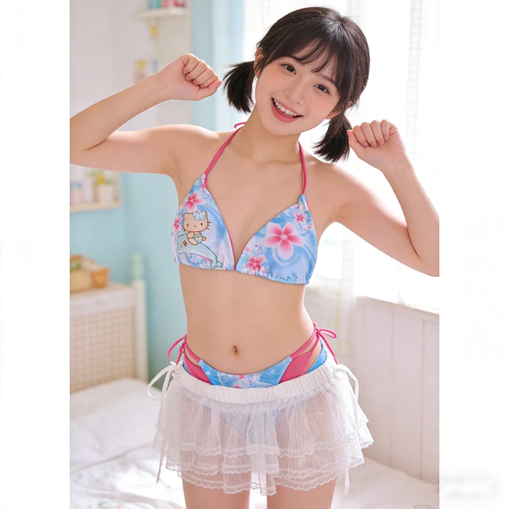 Sanrio Kawaii Hello Kitty Bikini con fiori hawaiani per donna, grazioso costume da bagno con stampa anime, collo all'americana, fondo con laccetti laterali, 2 pezzi, abbigliamento da spiaggia