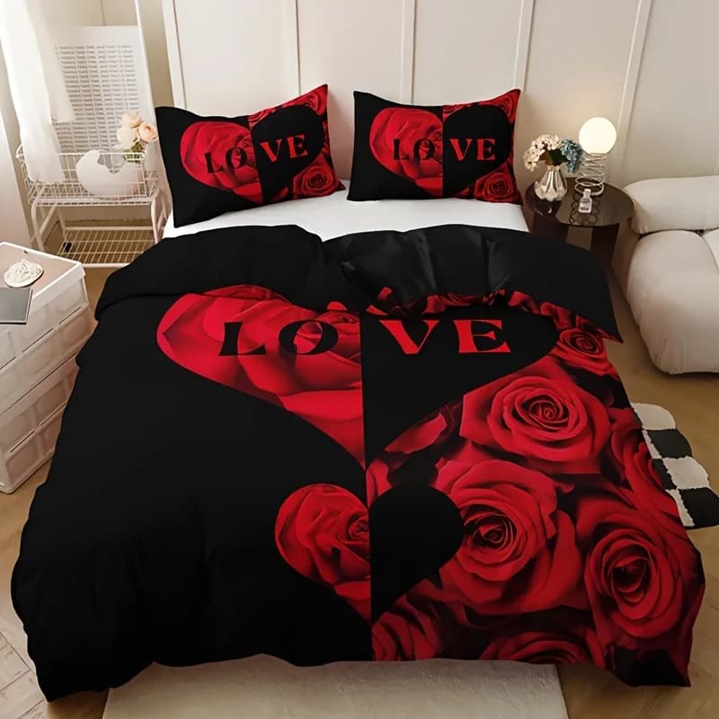 Set copripiumino rosa rossa king size, set copripiumino rosso e bianco con chiusura a cerniera, set biancheria da letto per amanti dei cuori romantici
