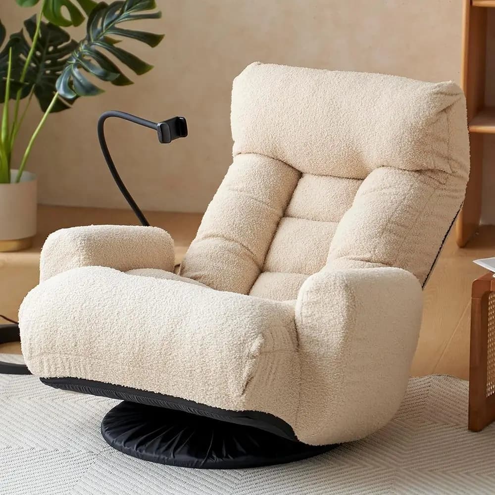 360 ° Sedia da Gaming Ergonomica Girevole con Supporto Lombare Regolabile, Braccioli e Portabicchieri, Beige