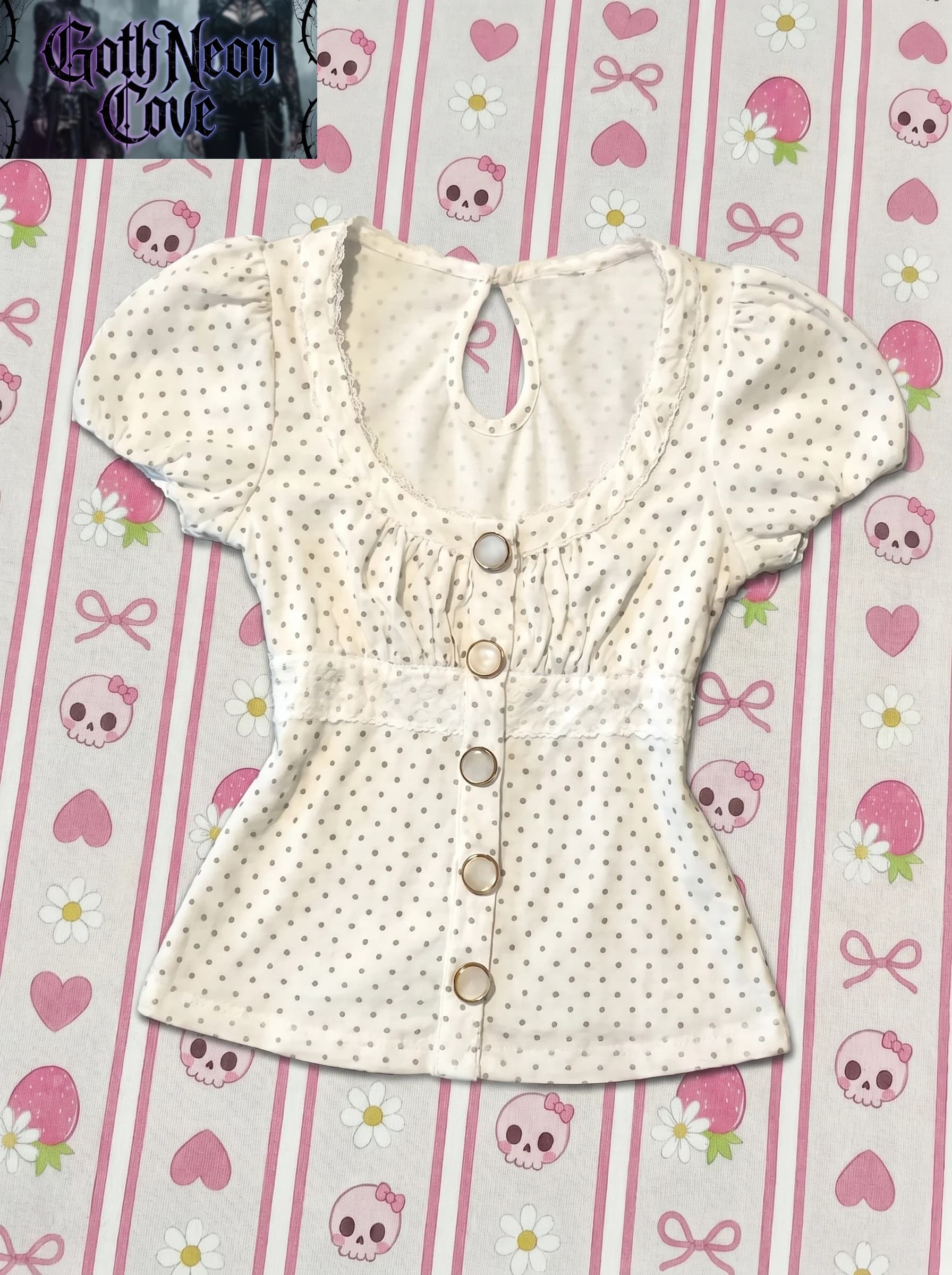 Summer Japanese Vintage Y2K T Shirt Women's O-Neck Puff Sleeve Button Harajuku Top Subculture Sweet Casual Lace Polka Dot Shirt