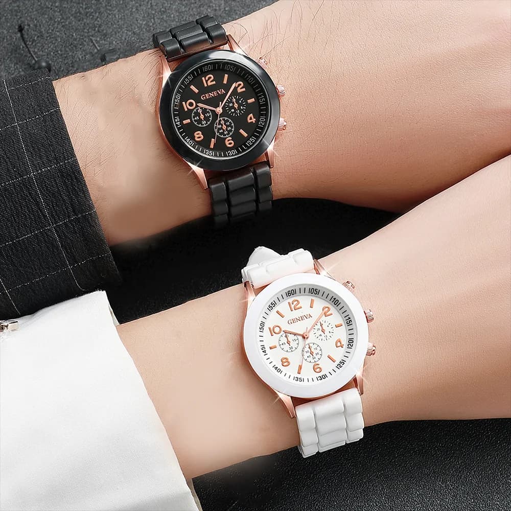 4 pcs/set Geneva watch men's fashion silicone strap and women's pair quartz watch set of heart-shaped jewelry (without box)