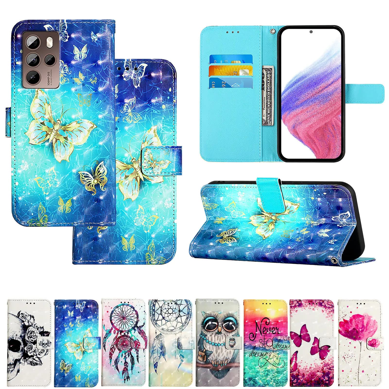 Pittura 3D Flip Case Per OPPO A98 A97 A96 A95 A93 A92 A80 A79 A78 A77 A76 A74 A73 A72 A60 RFID Blocco di Pelle 3 Carte di Copertura