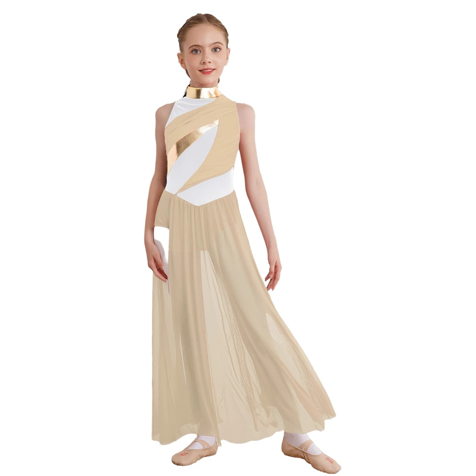 Vestito da ballo lirico moderno per ragazze Ginnastica per bambini Pattinaggio di figura Abbigliamento da ballo contemporaneo Body sovrapposto in rete con spacco laterale senza maniche