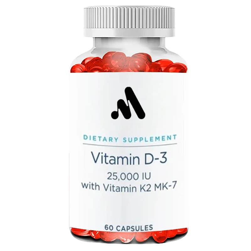 Vitamin D3 K2 supplement, suitable for both men and women, containing 25,000 UI of vitamin D, beneficial for bone health