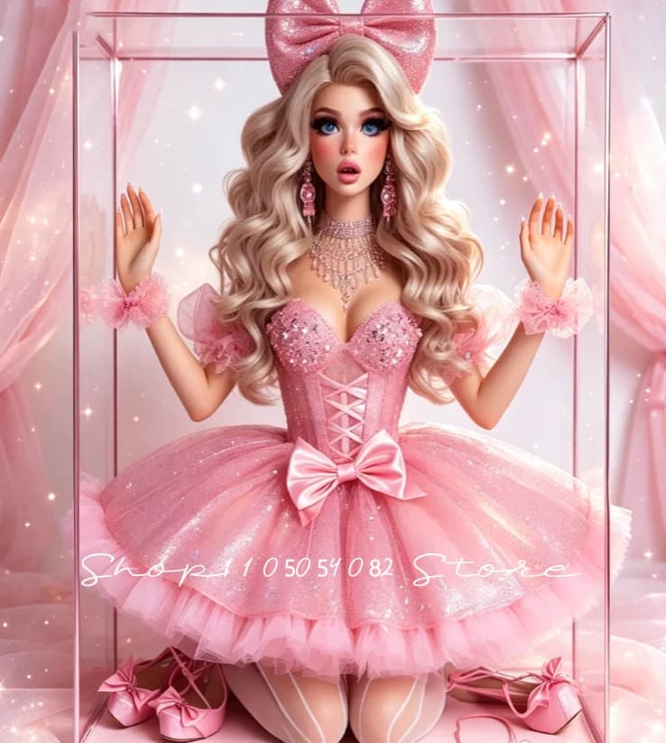 Sparkly Pink Prom Dress Glitter Tulle Tutu Big Bow Cosplay Doll Rhinestone Corset Halloween Special Occasions Dress Customized