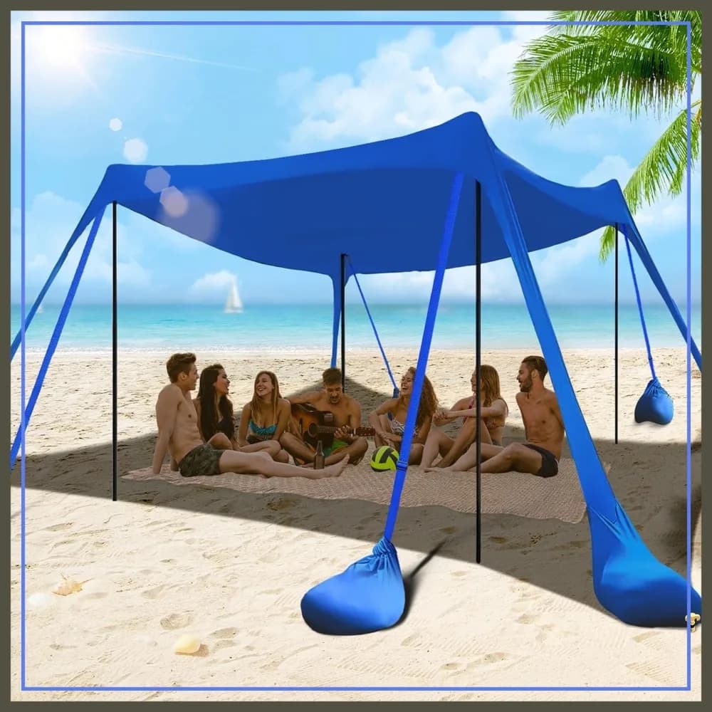 Tenda da Spiaggia 10x10FT con 8 Sacchi di Sabbia, Tettoia UPF 50+ per Campeggio, Pesca, Giardino