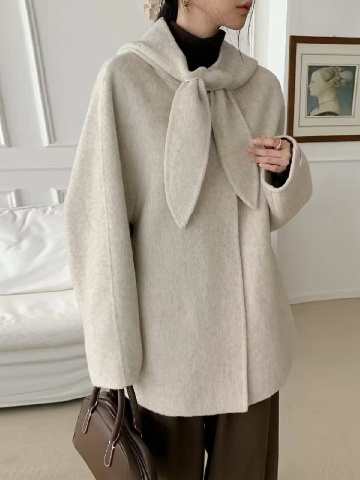 Korean Style Woolen Coat Women's Chic Temperament Sweet Bow Tie Hooded Warm Woolen Jacket Long Sleeve Casual Spring Outfit