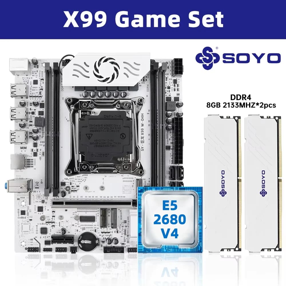 Set scheda madre da gioco SOYO X99 con E5-2680 V4+Dual Channel DDR4 8GB*2 RAM bianca M.2 NVME PCIE3.0 SATA per host desktop
