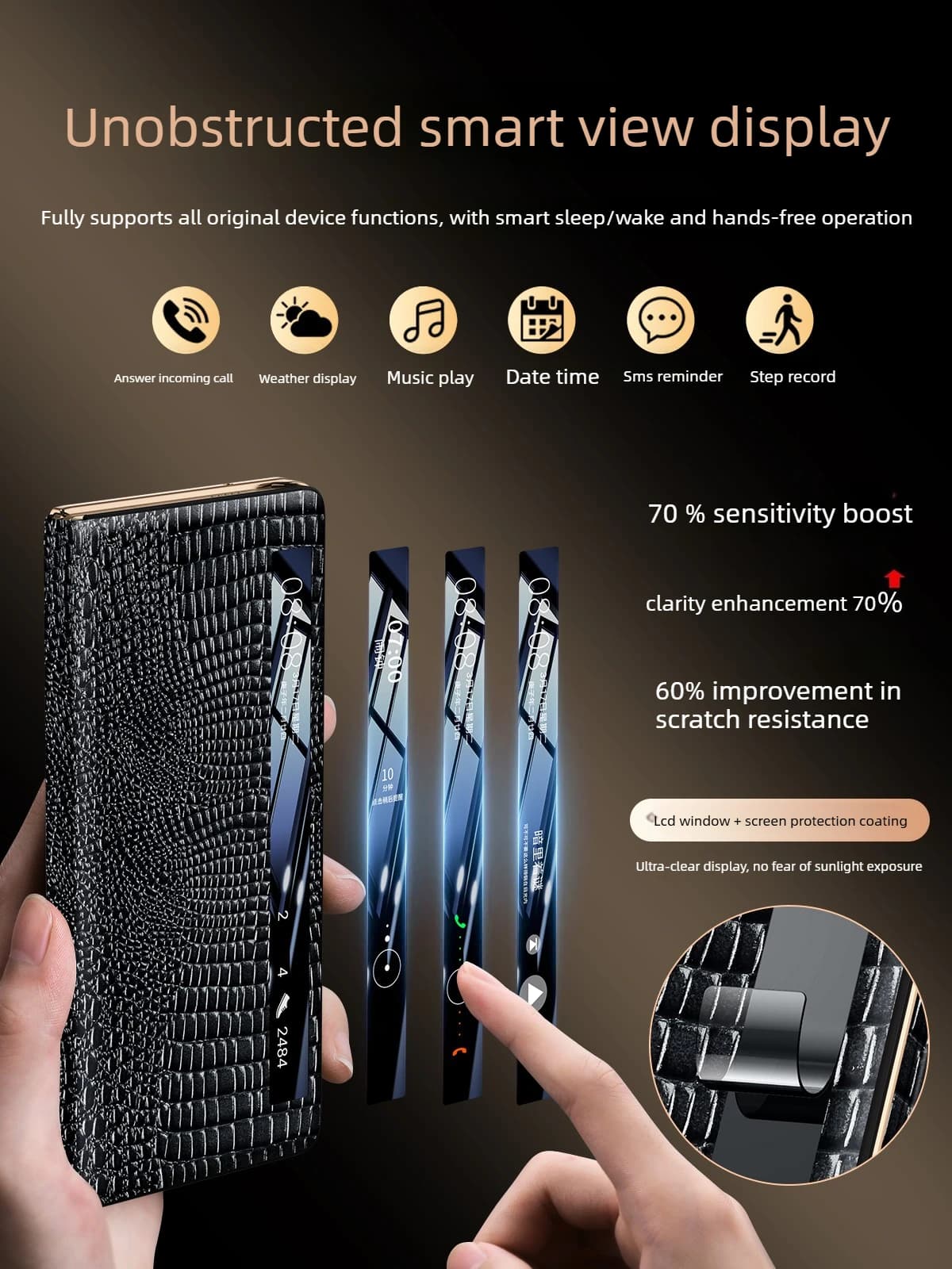 Custodia per telefono in vera pelle con motivo coccodrillo per Honor Magic V6, con doppia cerniera centrale, finestra Smart View e chiusura magnetica a libro