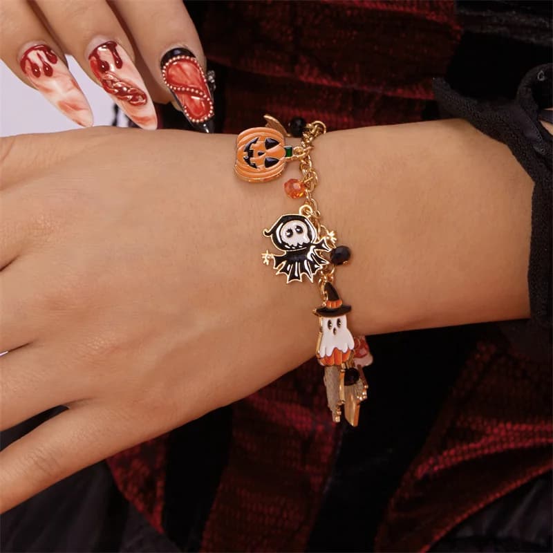 Cartoon Halloween funny Ghost Bracelet for Women Cute Pumpkin Spider Bats Crystal Elastic Chain Trick or treat Jewelry Gift